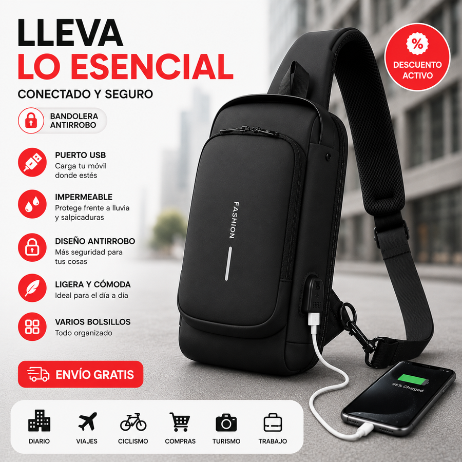 Bandolera Anti-Robo con USB para Hombre — Impermeable y Urbana